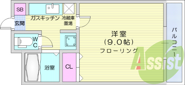 1K、エアコン、バストイレ別、プロパン、室内洗濯機置き場