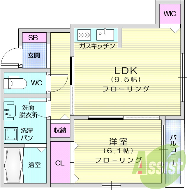 １LDK、追焚き、浴室乾燥機、独立洗面台、温水洗浄便座。