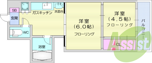2DK、洗髪洗面化粧台、都市ガス、バストイレ別