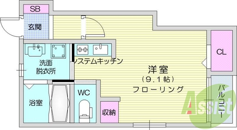 1Ｒ、洋室9.1帖、エアコン、ウォシュレット、宅配ボックス
