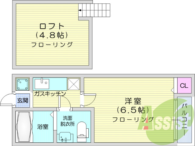 1Ｋ、ロフト付き、フローリング、エアコン、ＴＶインターホン