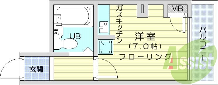 1R、都市ガス、エアコン、モニタ付きインターホン