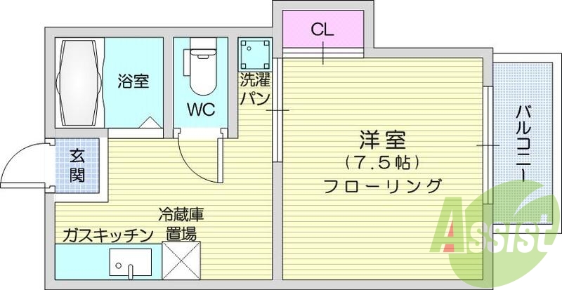 1K、エアコン、都市ガス、温水洗浄便座、バストイレ別