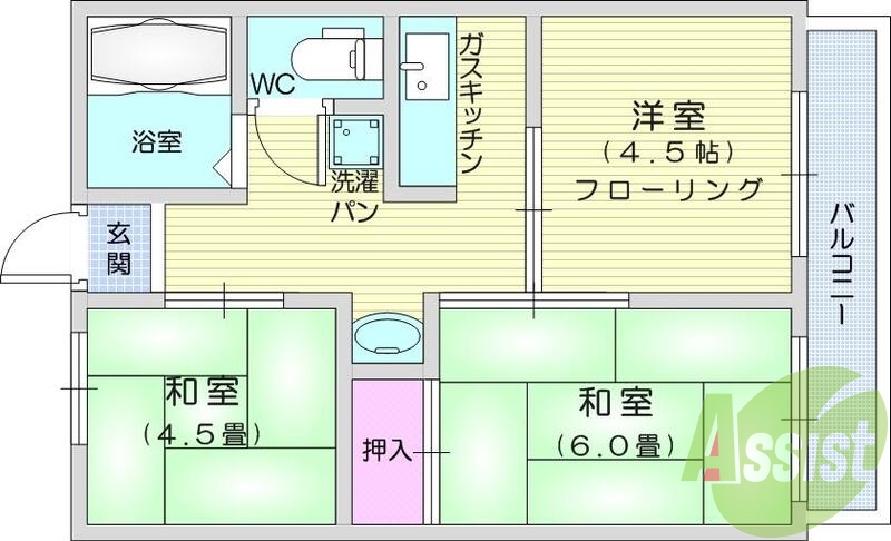 3K、独立洗面、バストイレ別、都市ガス、最上階