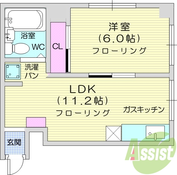 1LDK、ユニットバス、室内洗濯機置き場、エアコン