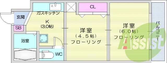 2K、都市ガス、エアコン、シューズボックス、フローリング