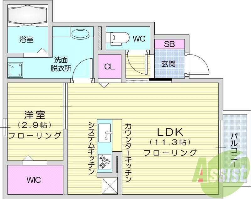 1LDK、対面式キッチン、カウンターキッチン、シャワートイレ