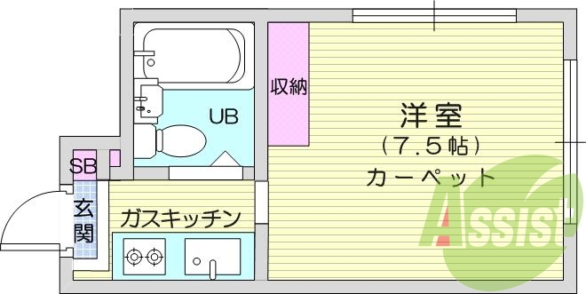1K、給湯器、ガスコンロ設置、モニタ付きインターホン