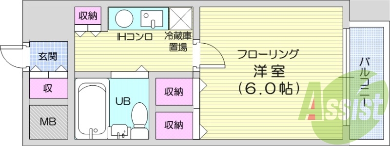 1K、フローリング、エアコン、バルコニー。