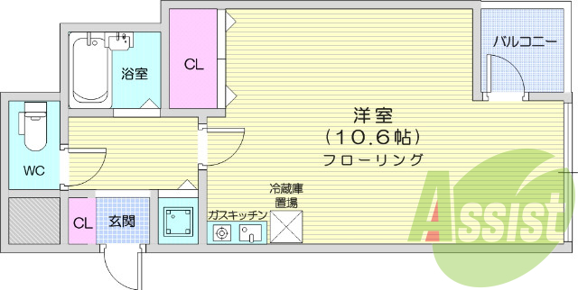 1R、給湯器、ガステーブル、風呂、トイレ。