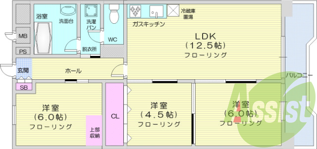 3LDK、都市ガス、エレベーター、エアコン