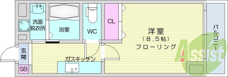 1K、バストイレ別、ウォシュレット付き、都市ガス