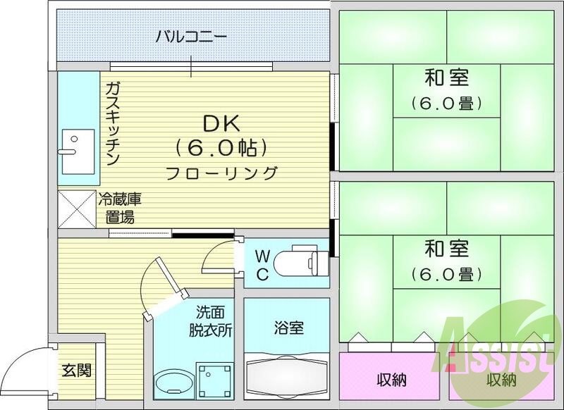 ２ＤＫ、二人入居可、ルームシェア可、角部屋。