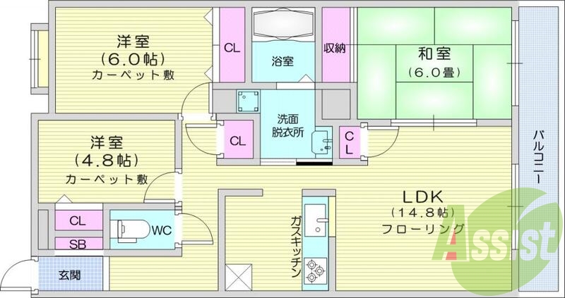 3LDKB/T別、洗面台、システムK、全居室収納、エアコン