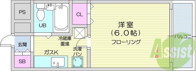 1Ｋ、エアコン、室内洗濯機置き場、バルコニー