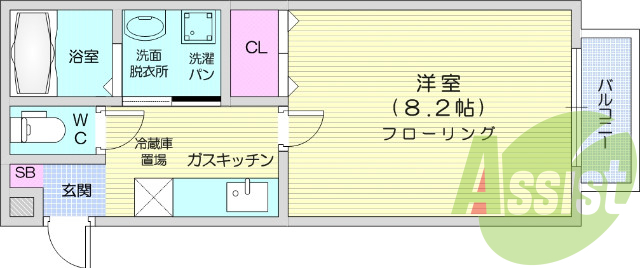 １Ｋ、駐車場有、Ｂ・Ｔ別、シャワー、浴室乾燥機。