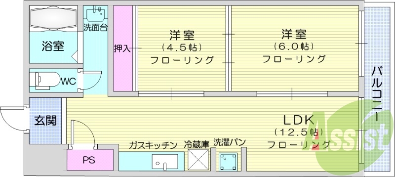 2LDK、独立洗面台、都市ガス、システムキッチン