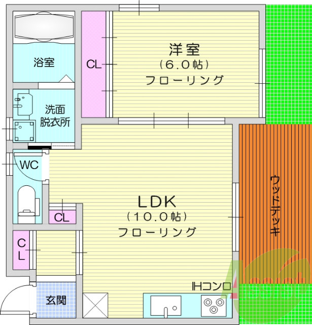 2LDK、エアコン、バストイレ別、ウッドデッキ