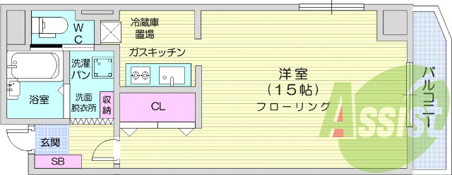１R、都市ガス、エアコン、エレベーター