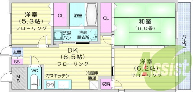 3DK、都市ガス、CATV、独立洗面台、エアコン
