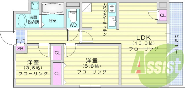2LDK、エアコン、バストイレ別、シャンプードレッサー
