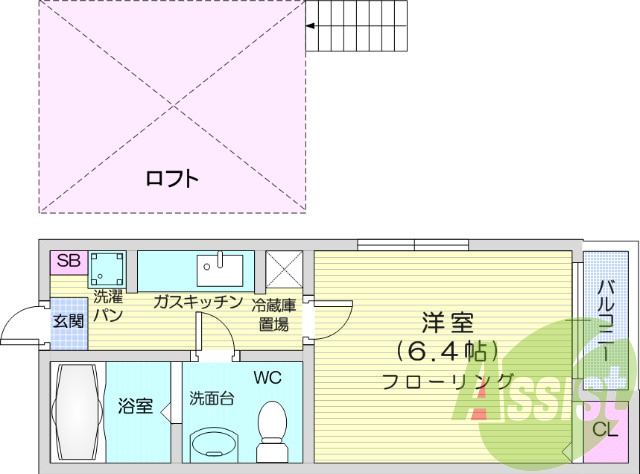 1K、ロフト、エアコン、バストイレ別、モニター付インターホン