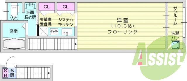 1K、角部屋、システムキッチン、洗髪洗面洗面台