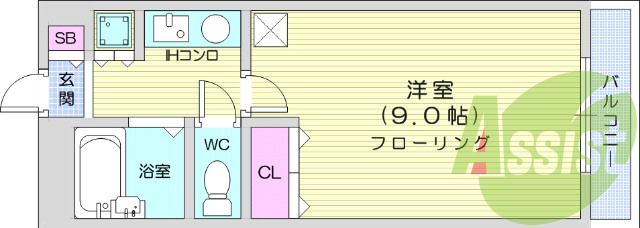 1Ｋ、バストイレ別、都市ガス、モニタ付きインターホン