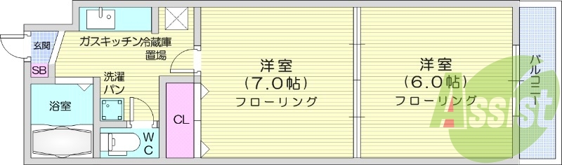 ２K、都市ガス、鉄筋コンクロート造、南向き