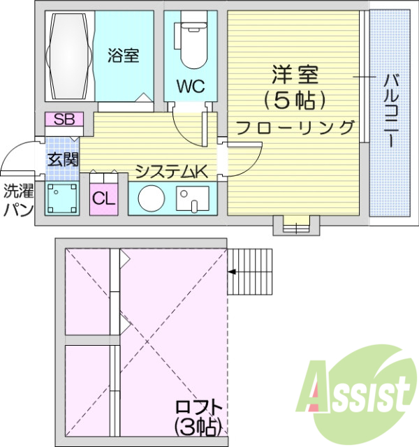 1K、インターネット無料、エアコン、ロフト付き