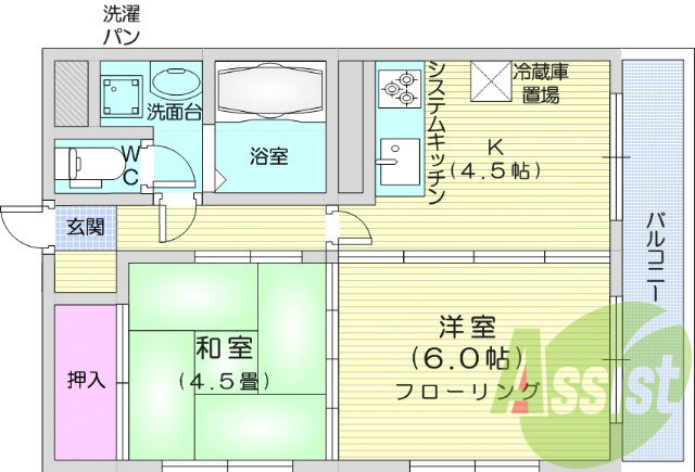 ２K、南向き、システムキッチン、シャンプードレッサー付き