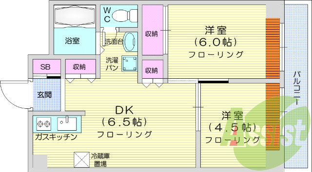 2DK、都市ガス、バストイレ別、ペット相談