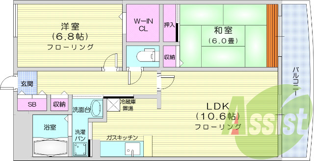 ２LDK・エアコン、オートロック、バストイレ別、独立洗面台