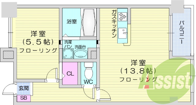 1LDK、バストイレ別、エアコン、都市ガス