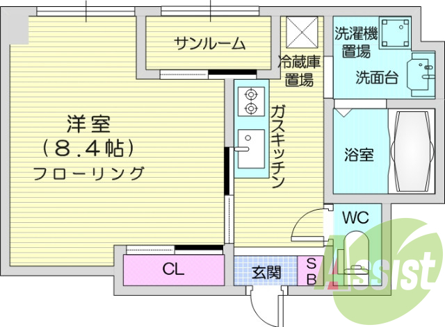 1K・都市ガス、角部屋、独立洗面台、エアコン、追焚