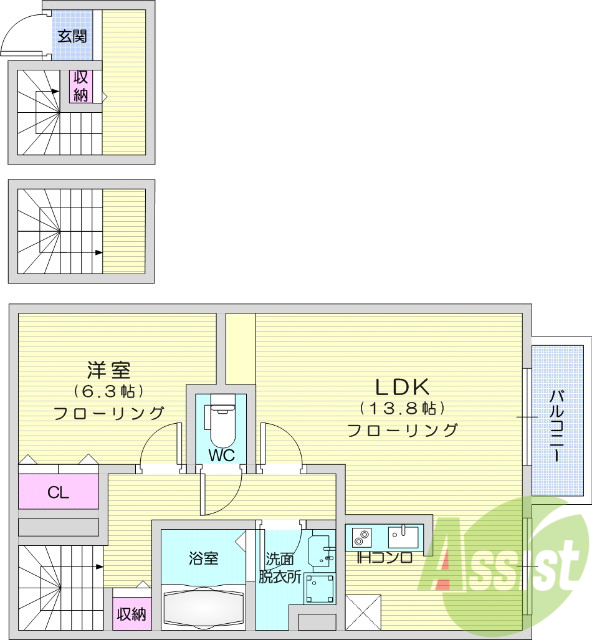 1LDK、陽当り良好、HIコンロ、独立洗面台