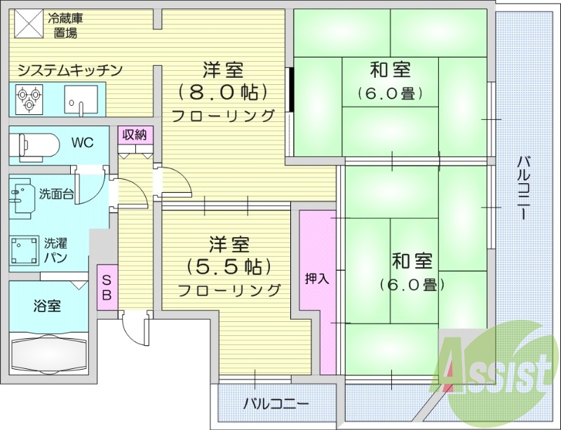 3ＬＤＫ、角部屋、都市ガス、追い焚き機能