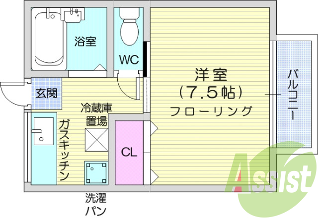 1K、エアコン、室内洗濯機置き場、バストイレ別
