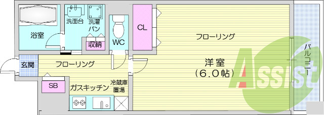 1K 西向き、バストイレ別、オートロック