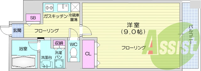 1K　西向き、バストイレ別、オートロック