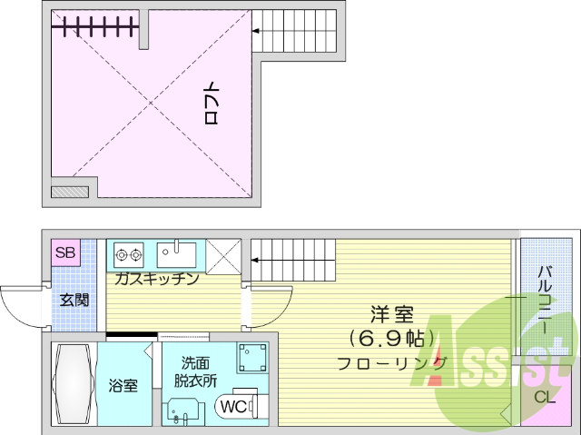 1K・ロフト、エアコン、ネット無料、システムキッチン