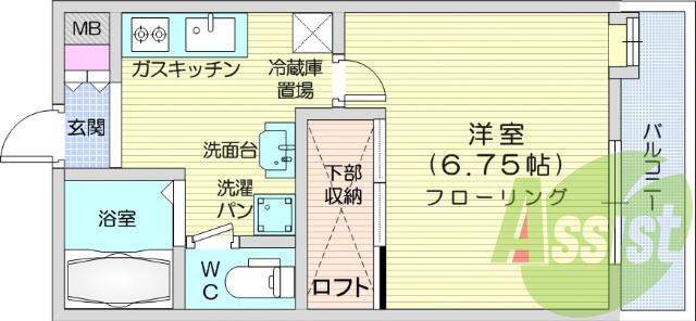 １K、南向き、バストイレ別、室内洗濯機置き場、エアコン