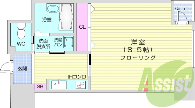 1K 西向き、バストイレ別、浴室乾燥機付き