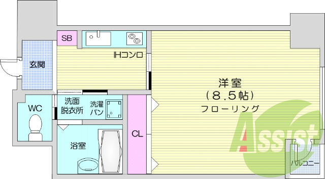 1K 西向き、バストイレ別、浴室乾燥機付き