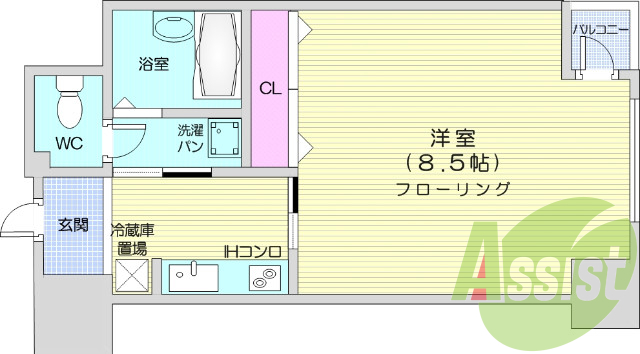 1K 西向き、バストイレ別、浴室乾燥機付き