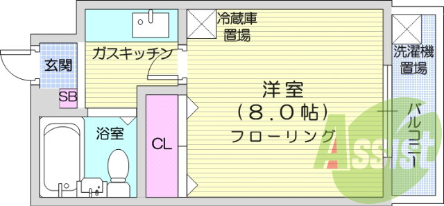 1K、南向き、日当たり良好、給湯器付き。
