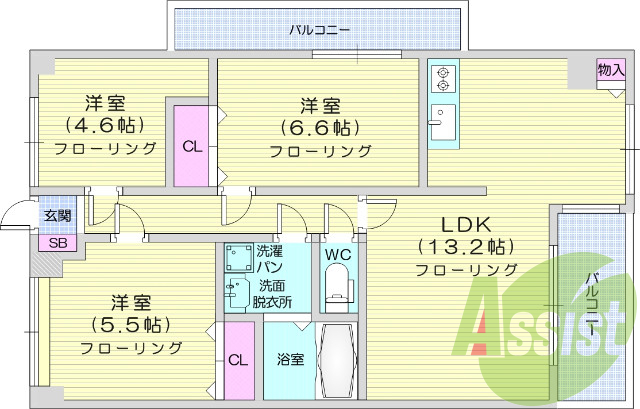 3LDK、全室カーテン付き、日当たり良好