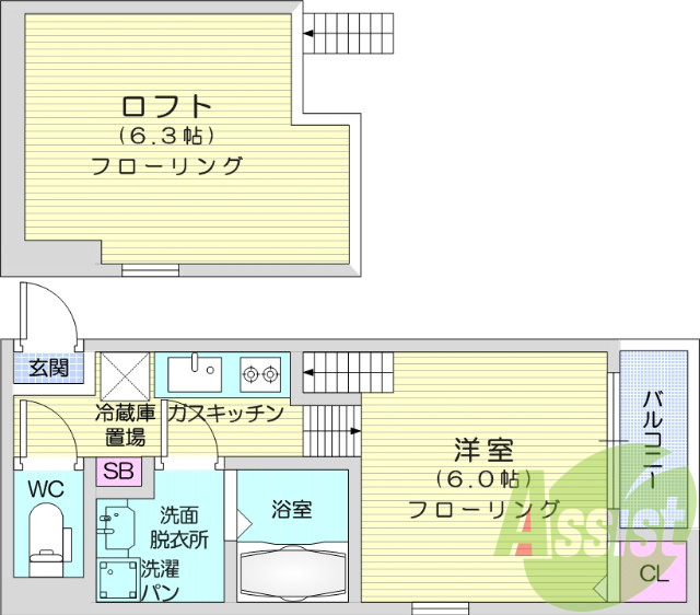 1R、広いロフト、独立洗面、浴室乾燥、システムキッチン。