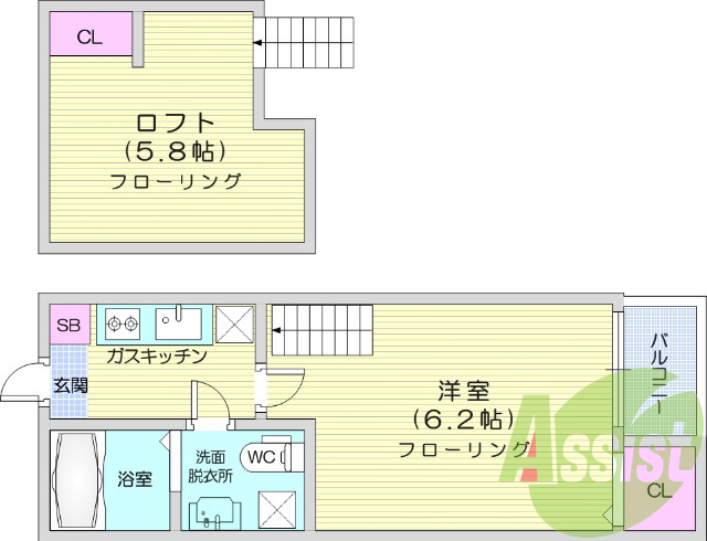 1K、ロフト、システムキッチン、洗面化粧台、追い炊き