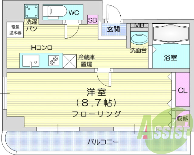 1Kオール電化マンション、インターネット無料、オートロック付